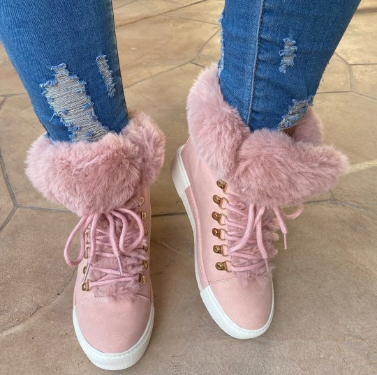 Damen Gefütterte High-Top Sneaker-Boots mit Kunstfellkragen und dekorativer Schnürung Nord Taschen