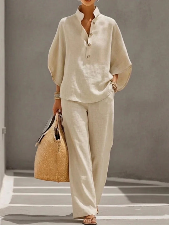 Damen Leichtes Leinen-Loungewear-Set mit Stehkragen Knopfleiste und weitem Marlene-Schnitt Nord Taschen