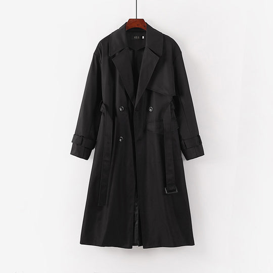 Damen Langer taillierter Trenchcoat mit Bindegürtel und weitem Schalkragen Nord Taschen