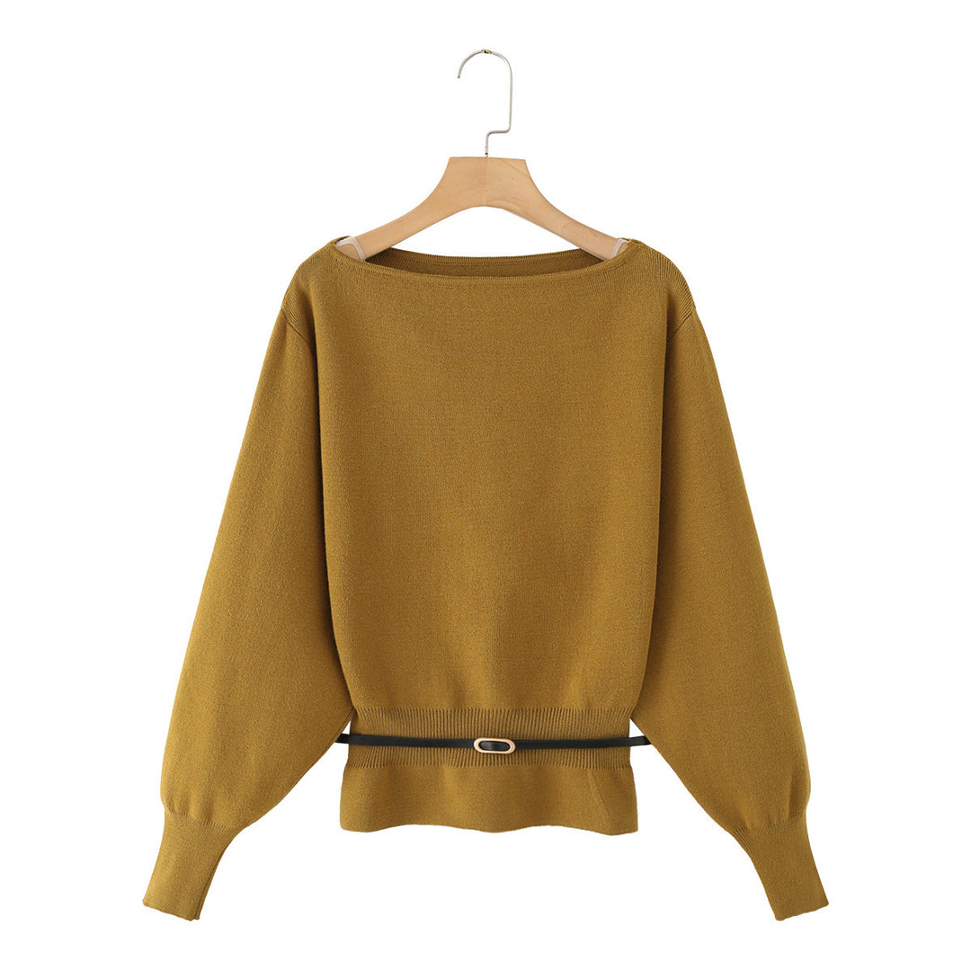 Damen Strickpullover mit U-Boot-Ausschnitt, Ballonärmeln und tailliertem Rüschenbund Nord Taschen