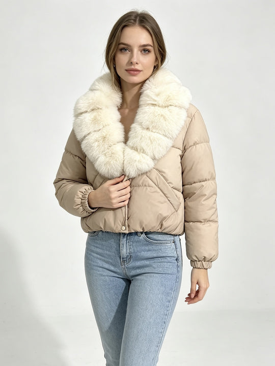 Damen nan kurze wattierte Cropped-Jacke mit extra voluminösem Kunstpelz-Schalkragen und elastischen Bündchen Nord Taschen