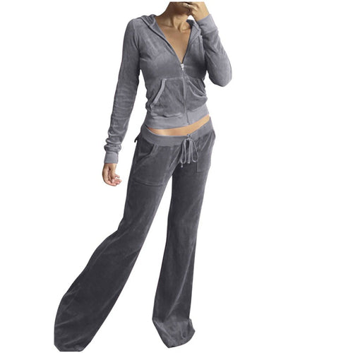 Damen Samtvelours Cropped-Zipjacke mit Kängurutasche und hochgeschnittener Bündchenhose Nord Taschen