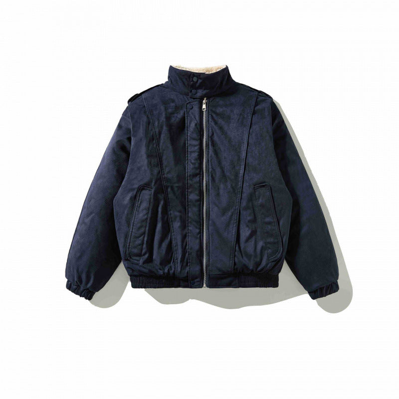 Herren Veloursleder-Optik Bomberjacke mit hohem Stehkragen und Teddyfutter Nord Taschen