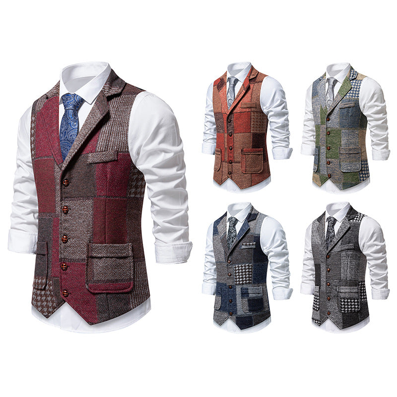 Herren Patchwork Weste mit Reverskragen Knopfleiste und aufgesetzten Taschen Nord Taschen