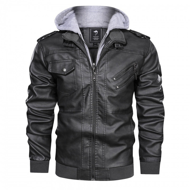 Herren  Kunstleder-Bikerjacke mit abnehmbarer Kapuze, Stehkragen, Schulterpatten und mehrfachen Reißverschlusstaschen Nord Taschen