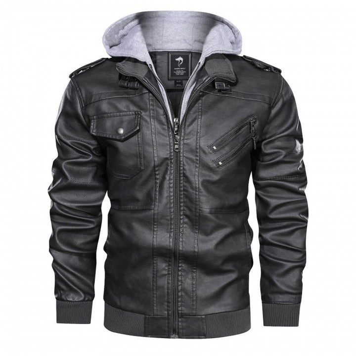 Herren  Kunstleder-Bikerjacke mit abnehmbarer Kapuze, Stehkragen, Schulterpatten und mehrfachen Reißverschlusstaschen Nord Taschen