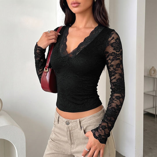 Damen Figurbetontes Spitzen-Longsleeve mit tiefem V‑Ausschnitt und transparenten Ärmeln Nord Taschen