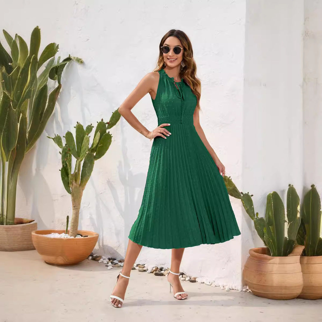 Damen Plissiertes Midikleid mit elegantem Schlitz und verstellbarem Kragen Nord Taschen