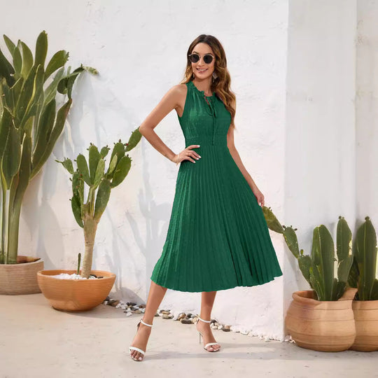 Damen Plissiertes Midikleid mit elegantem Schlitz und verstellbarem Kragen Nord Taschen