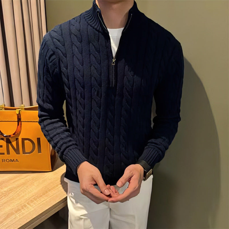 Herren Zopfstrick-Halbzip-Pullover mit Stehkragen Nord Taschen