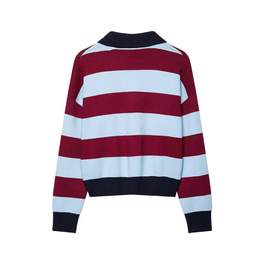 Damen Gestreifter Rugby-Pullover mit Polokragen und V-Ausschnitt Nord Taschen
