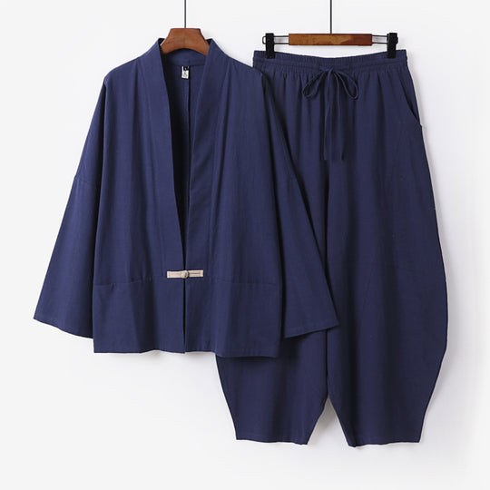 Herren Kimono-Loungewear-Set mit kurzem Schalkragen und weiten Harem-Bundhosen Nord Taschen