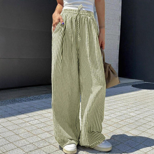 Damen Marlene-Streifenhose aus Leinenmix mit weitem Bein, Elastikbund und Kordelzug Nord Taschen