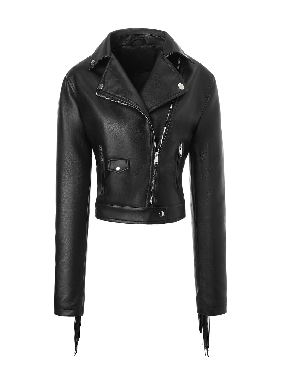 Damen Kurze Biker‑Lederjacke mit Fransenärmeln und asymmetrischem Reißverschluss Nord Taschen