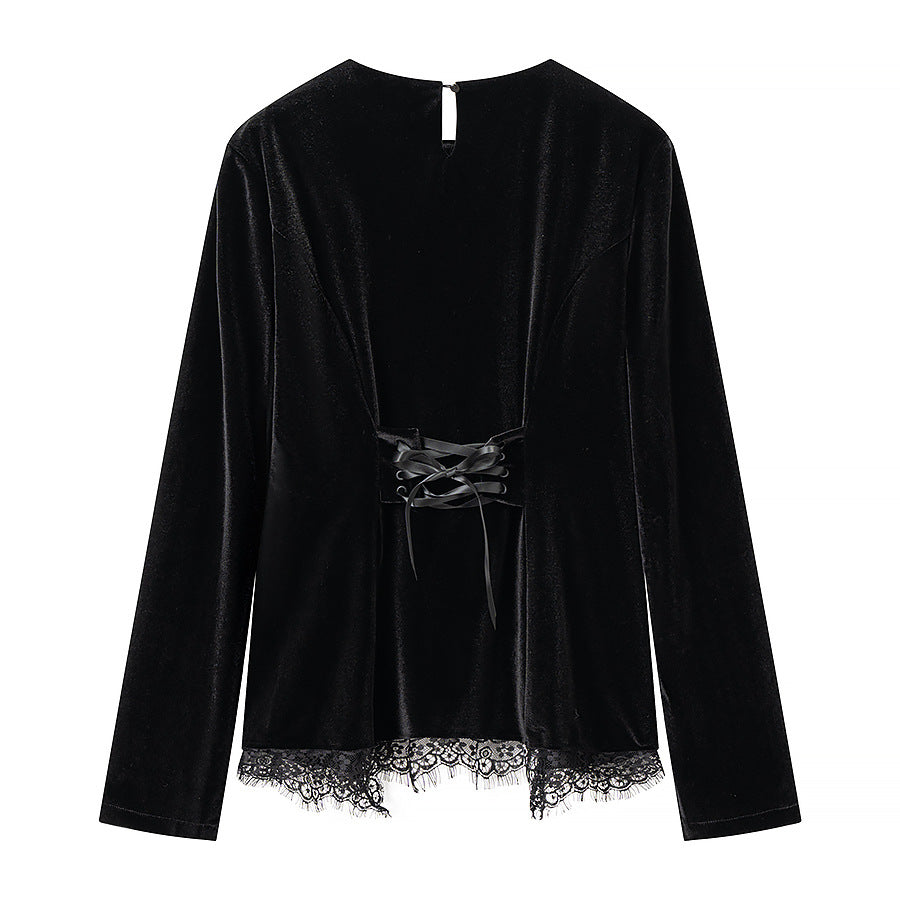 Damen Samt-Langarmshirt mit Spitzenbesatz und gewölbtem Saum Nord Taschen