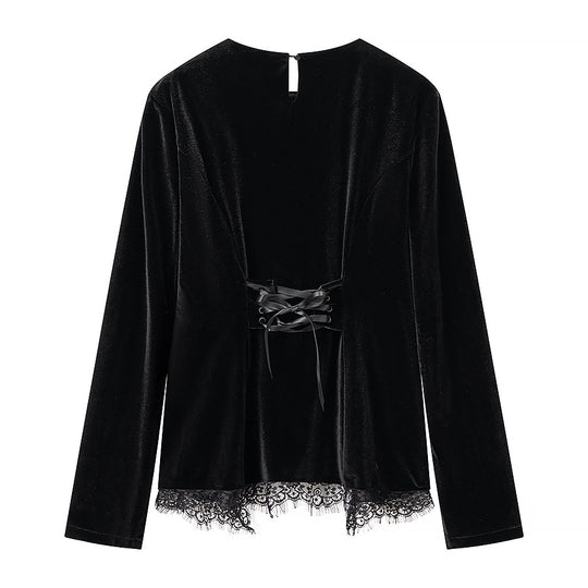 Damen Samt-Langarmshirt mit Spitzenbesatz und gewölbtem Saum Nord Taschen