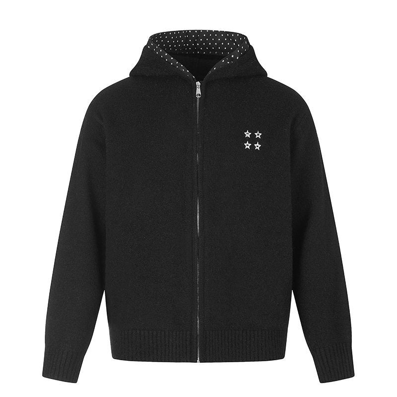 Damen Zip-Kapuzen-Strickjacke mit gepunkteter Kapuzenfütterung und Sternchen-Stickerei Nord Taschen