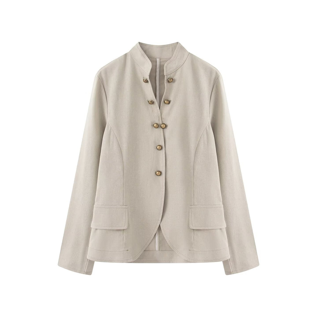Damen Elegante Kurzjacke mit Stehkragen, Zierriegelknöpfen und Pattentaschen Nord Taschen