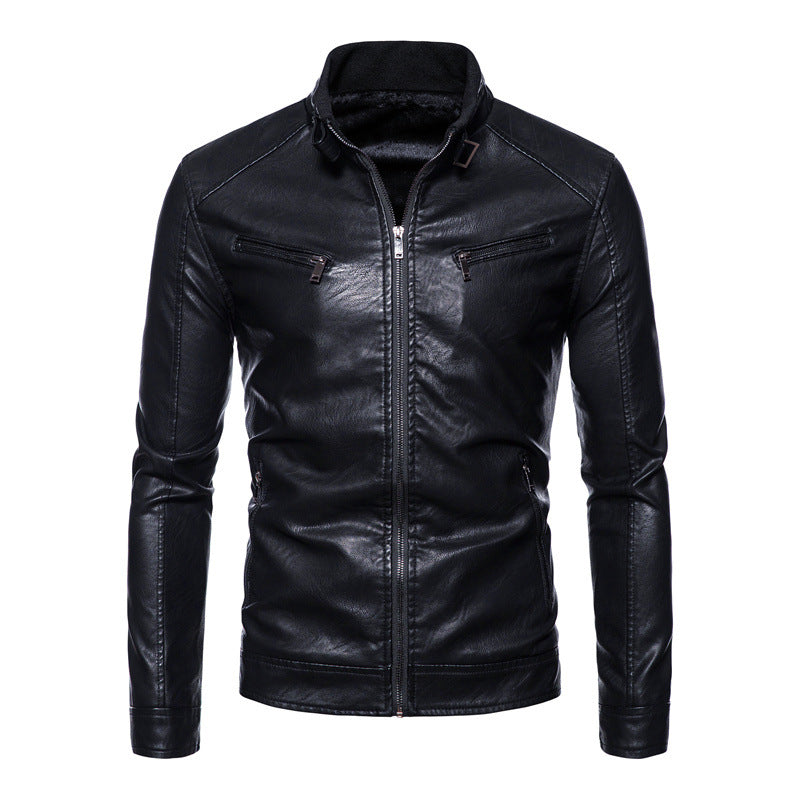 Herren Slim-Fit Kunstleder-Bikerjacke mit Stehkragen, Reißverschlusstaschen und weichem Innenfutter Nord Taschen
