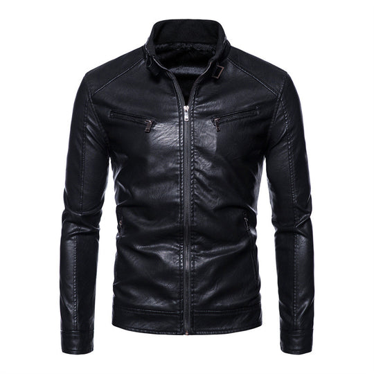 Herren Slim-Fit Kunstleder-Bikerjacke mit Stehkragen, Reißverschlusstaschen und weichem Innenfutter Nord Taschen