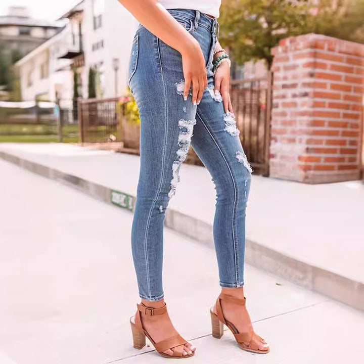 Damen hochgeschnittene Ripped-Skinny-Jeans mit Stretch, Five‑Pocket und figurformender Passform Nord Taschen