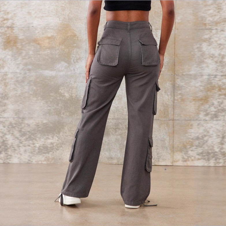 Damen Utility-Cargo-Hose mit weitem Bein, Mehrfach-Taschen und taillenhoher Passform Nord Taschen