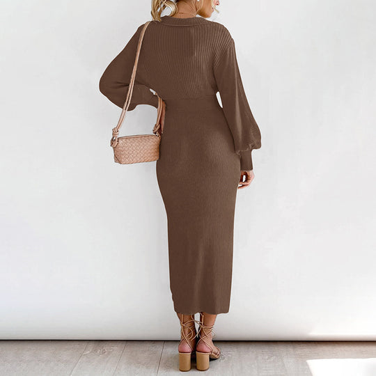 Damen Midikleid aus Rippstrick mit V‑Ausschnitt, Hemdkragen, Balloonärmeln & Bindegürtel Nord Taschen