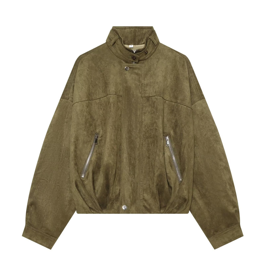 Damen Oversize-Wildleder‑Bomberjacke mit hohem Stehkragen und Reißverschlusstaschen Nord Taschen