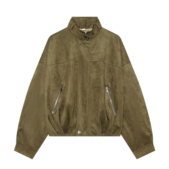 Damen Oversize-Wildleder‑Bomberjacke mit hohem Stehkragen und Reißverschlusstaschen Nord Taschen