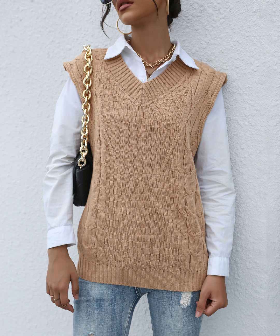 Damen Strick-Weste mit V‑Ausschnitt, Zopfmuster und lässiger Oversize-Silhouette Nord Taschen