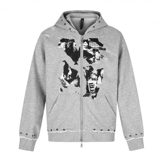 [Herren] Kapuzensweatjacke mit durchgehendem Reißverschluss, Vintage‑Print und Nietenbesatz Nord Taschen