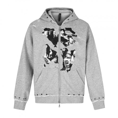 [Herren] Kapuzensweatjacke mit durchgehendem Reißverschluss, Vintage‑Print und Nietenbesatz Nord Taschen