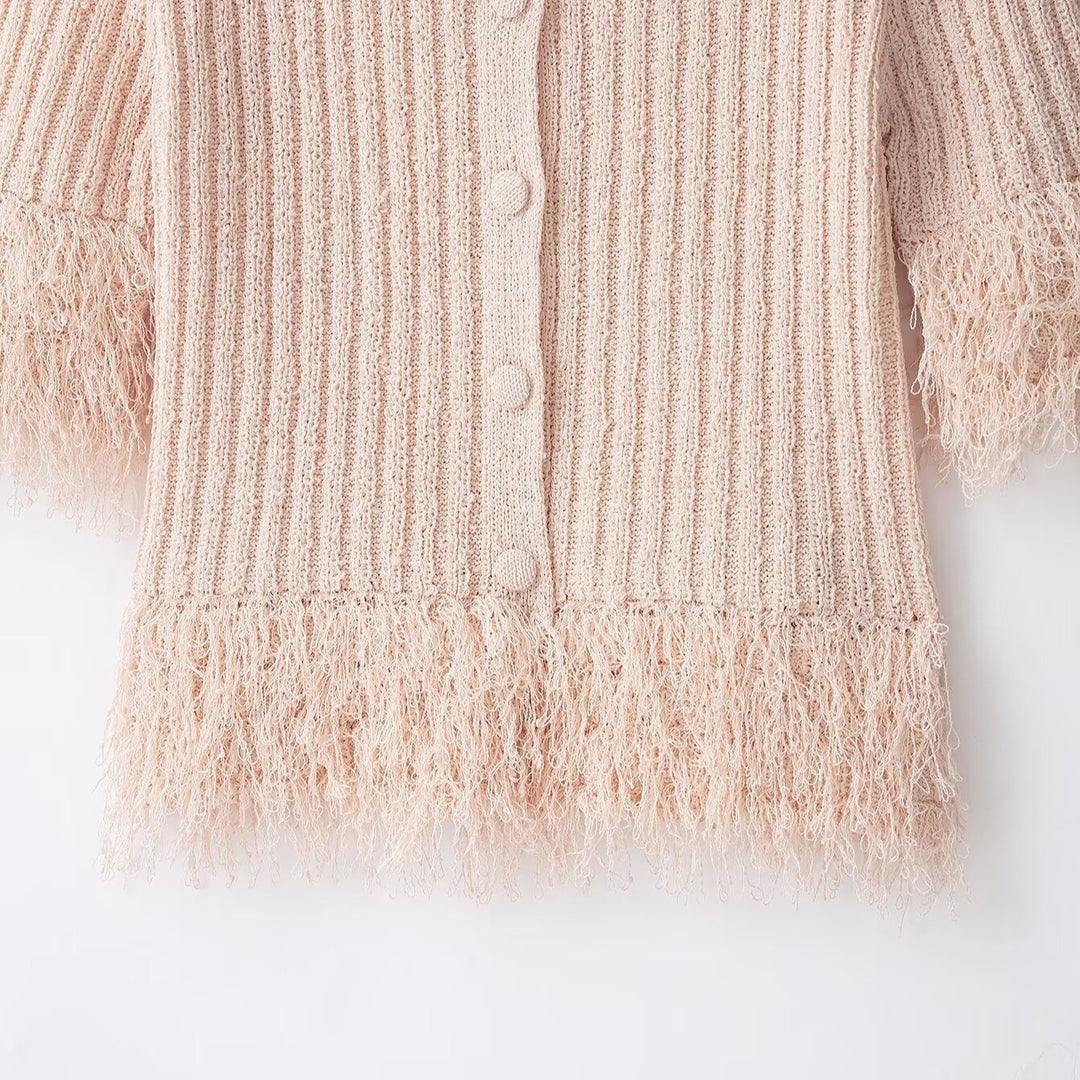 Damen Bouclé-Cardigan mit Fransenärmeln und verdeckter Knopfleiste Nord Taschen