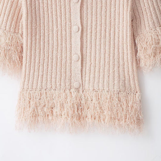 Damen Bouclé-Cardigan mit Fransenärmeln und verdeckter Knopfleiste Nord Taschen