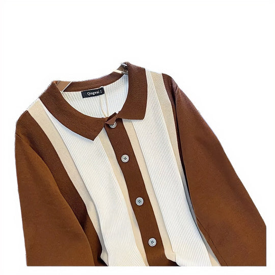 Damen Feinstrick-Cardigan mit Polokragen, kontrastierenden Rippeinsätzen und durchgehender Knopfleiste Nord Taschen