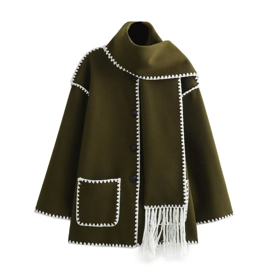 Damen Cape-Mantel mit angesetztem Fransen-Schal und Zier-Zickzacknaht Nord Taschen