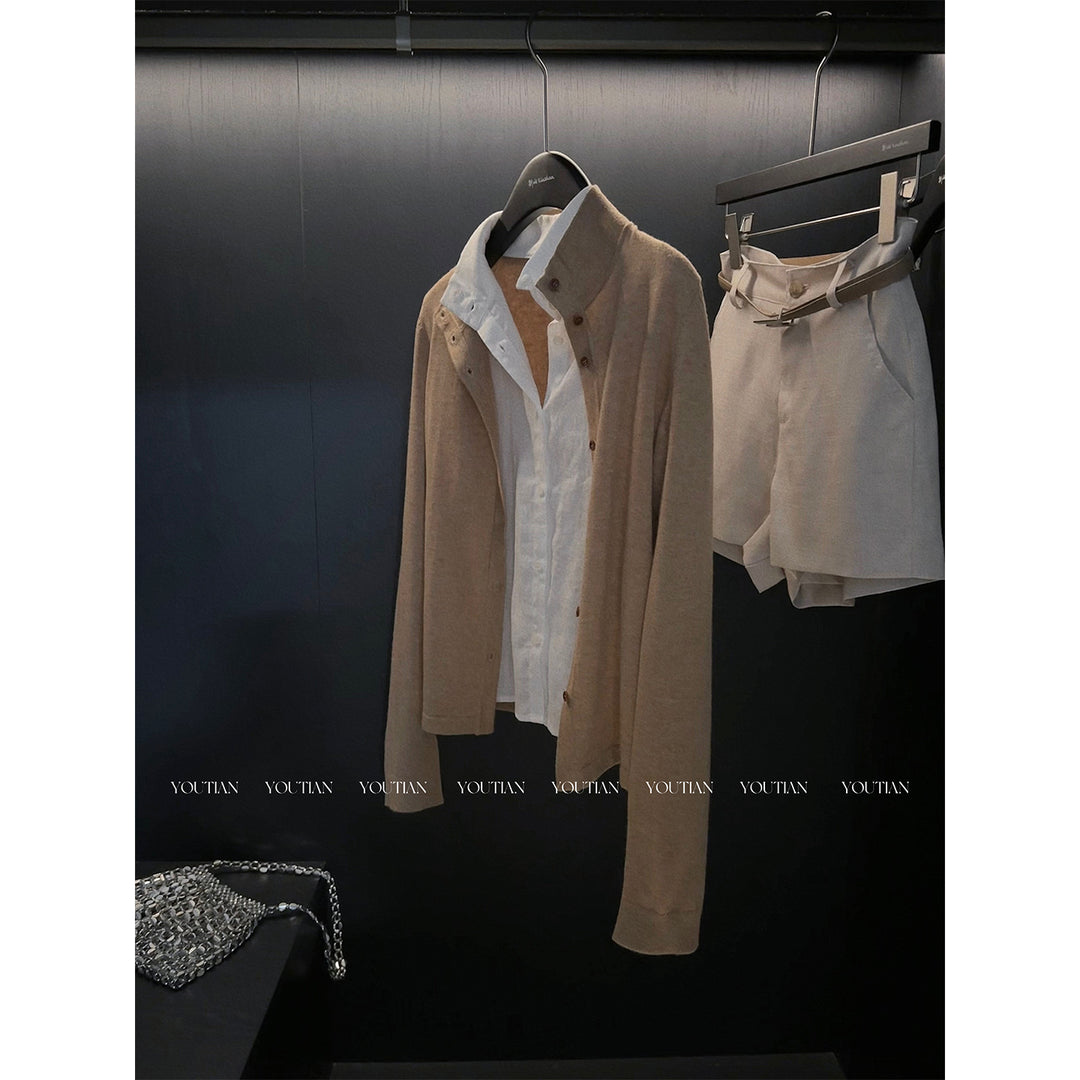 Damen Langer Feiner Strickcardigan mit Stehkragen und Knopfleiste Nord Taschen