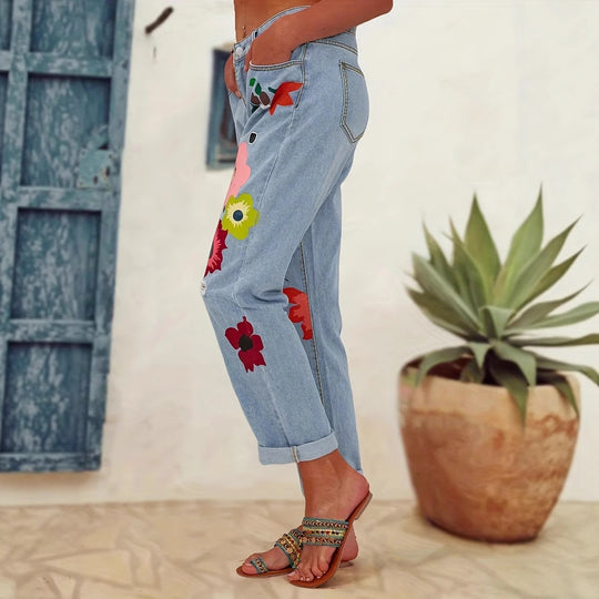 Damen Gerade geschnittene Jeans mit bunten Blumenapplikationen und leichten Destroy-Details Nord Taschen