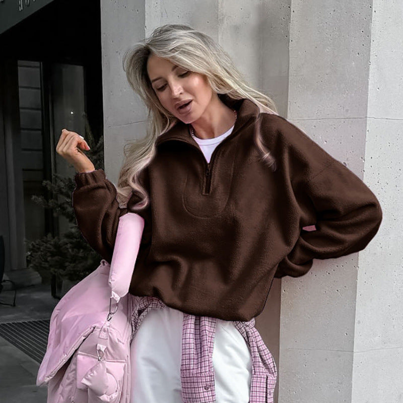 Damen Oversized Fleecepullover mit halbem Reißverschluss und Stehkragen Nord Taschen