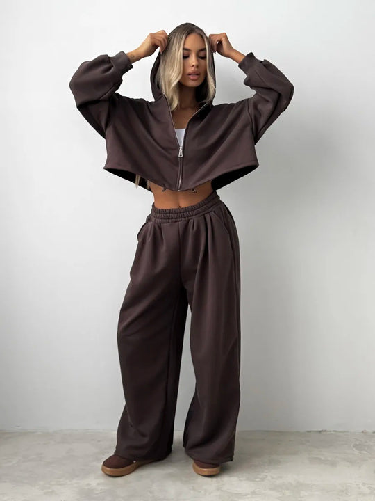 Damen weit geschnittenes Cropped-Zip-Hoodie und Palazzo-Jogger Set Nord Taschen