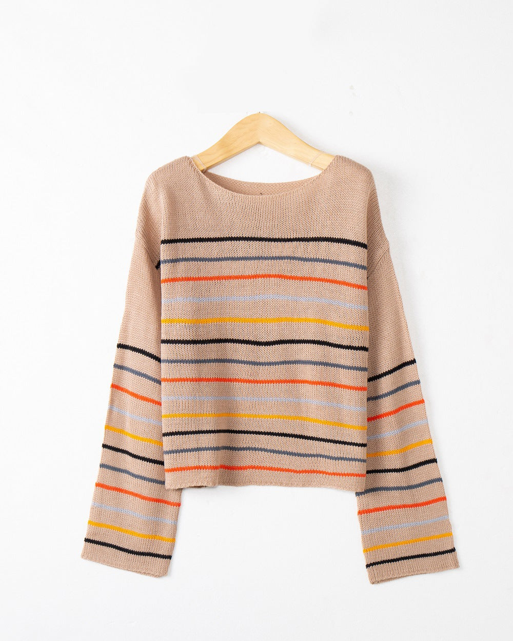 Damen Kurzgeschnittener Feinstrick-Pullover mit Rundhalsausschnitt, mehrfarbigen Horizontalstreifen und überschnittenen Schultern Nord Taschen