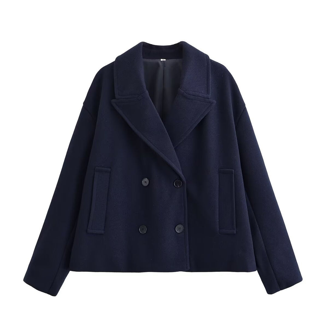 Damen Kurz geschnittener Wollmix-Peacoat mit weitem Revers und Eingrifftaschen Nord Taschen