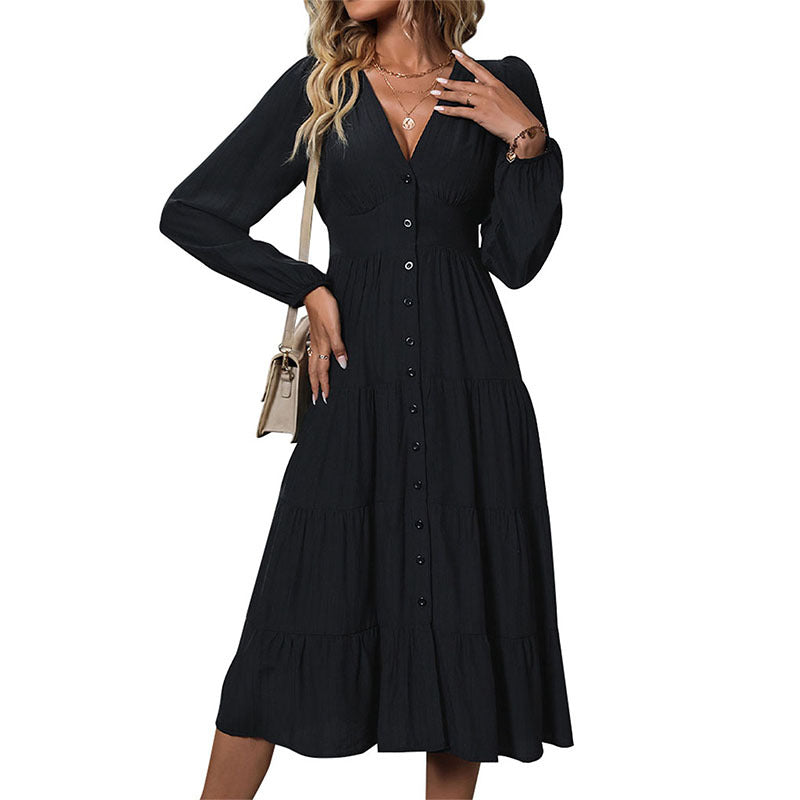 Damen Elegantes Maxikleid mit tiefem V-Ausschnitt und Rüschen Nord Taschen