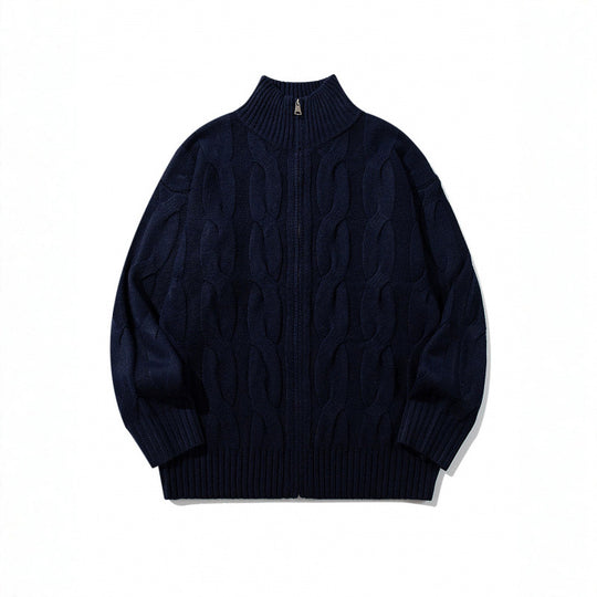 Unisex Grobgestrickter Reißverschluss-Cardigan mit Zopfmuster und hohem Rippkragen Nord Taschen
