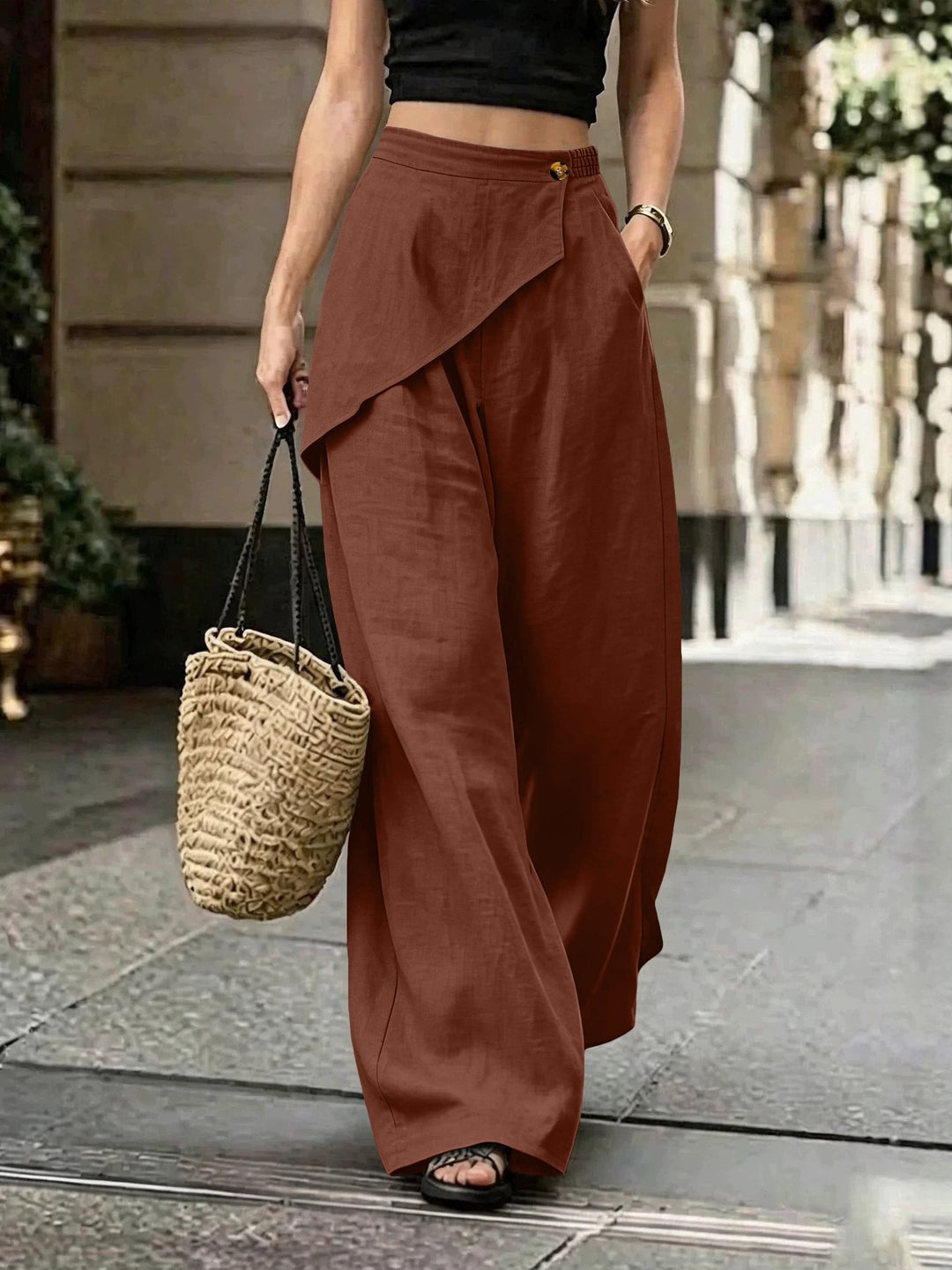 Damen Leichte Leinenhose mit Wickel-Front und weitem Bein Nord Taschen