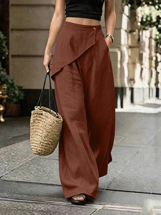 Damen Leichte Leinenhose mit Wickel-Front und weitem Bein Nord Taschen