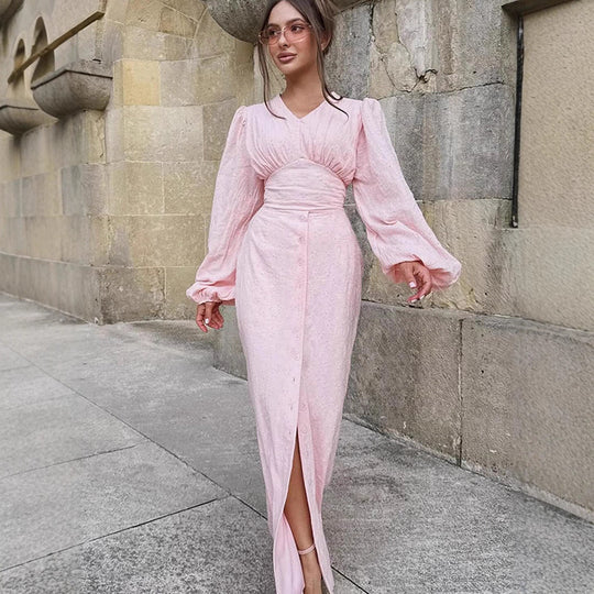 Damen Maxikleid mit Puffärmeln, tailliertem Mieder und Frontknopfleiste Nord Taschen