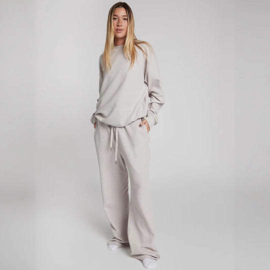 Damen geräumiges Waffelstrick-Loungewear-Set mit Rundhalsausschnitt und Tunnelzughose Nord Taschen