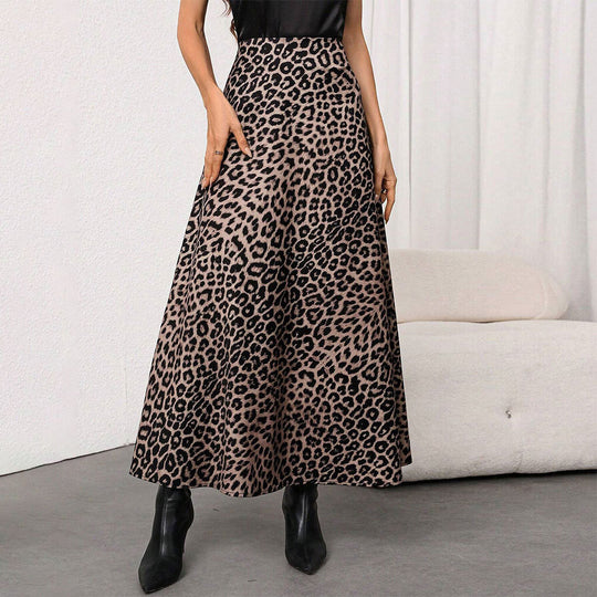 Damen Maxirock mit hohem Bund, ausgestellter A-Linie und markantem Leopardenprint Nord Taschen