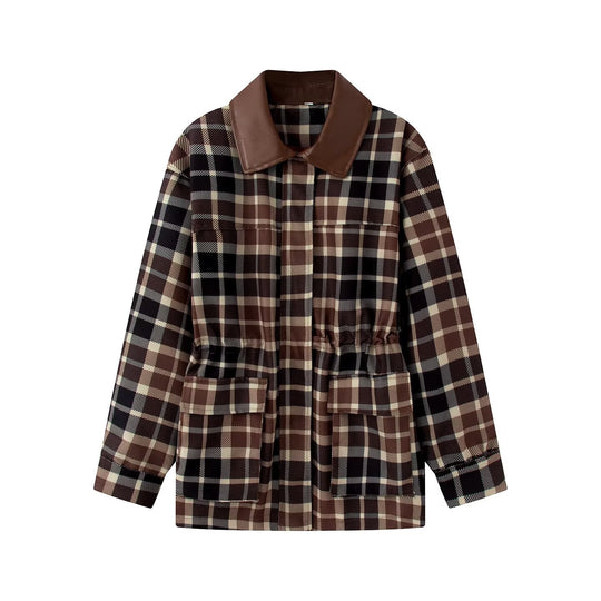 Damen Kariertes Overshirt‑Mantel mit Kunstlederkragen und Taillen‑Tunnelzug Nord Taschen